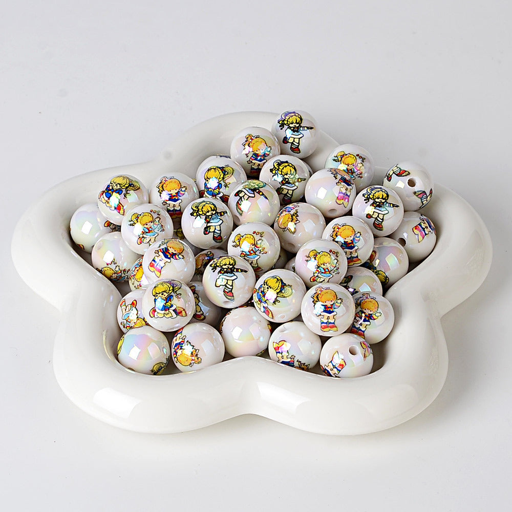 100PCS16mm acrylic plated uv printing cartoon rainbow fairy straight hole round bead DIY mobile phone rope keychain accessories