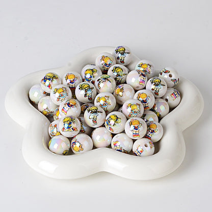 100PCS16mm acrylic plated uv printing cartoon rainbow fairy straight hole round bead DIY mobile phone rope keychain accessories