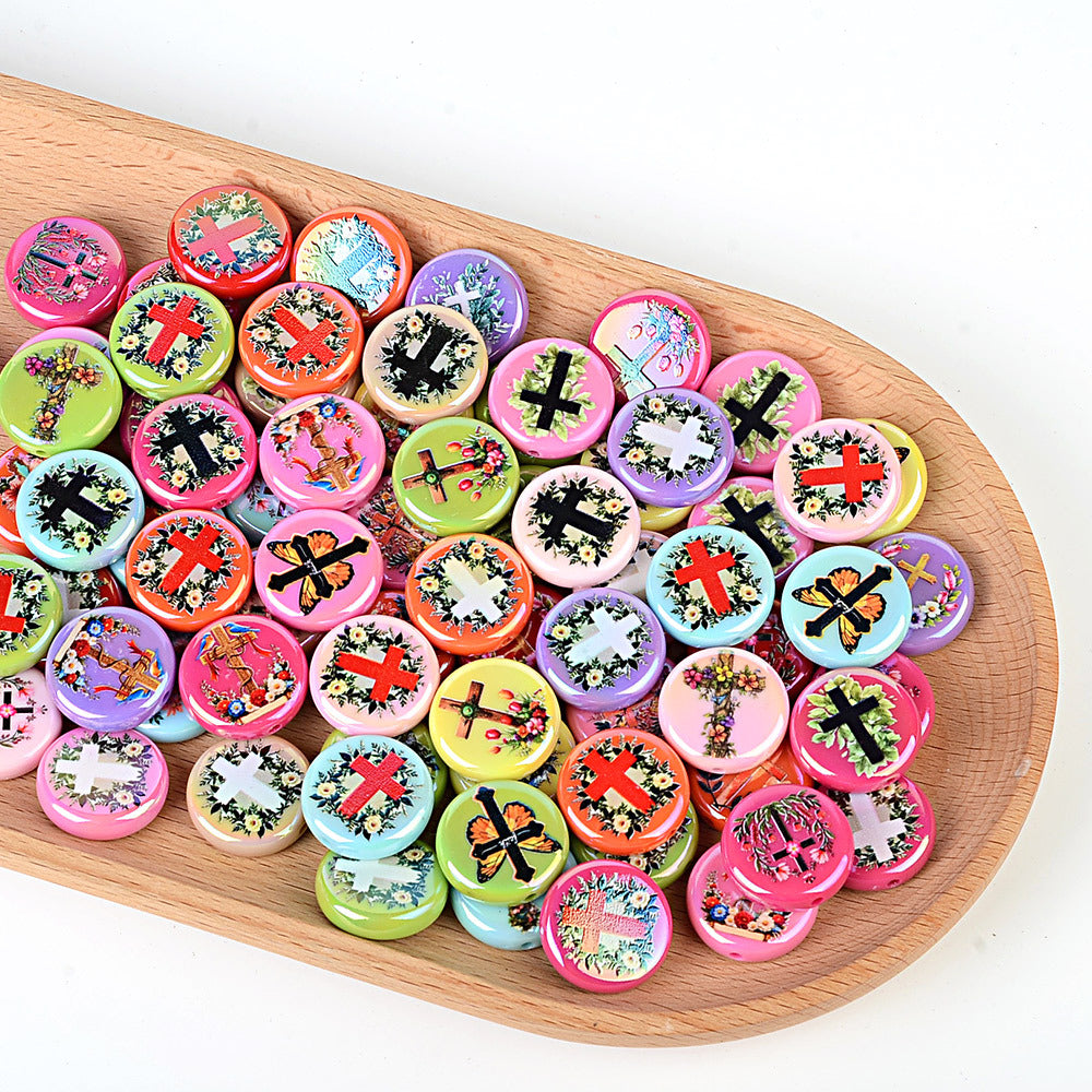 100Pcs new acrylic wreath solid color printing round bead cross straight hole bead loose bead DIY bracelet jewelry accessories