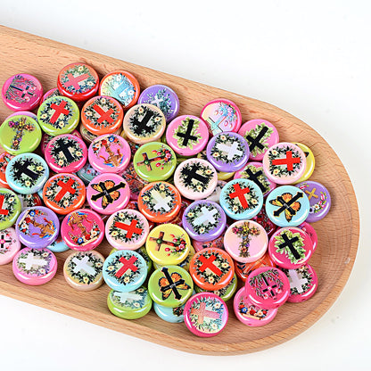100Pcs new acrylic wreath solid color printing round bead cross straight hole bead loose bead DIY bracelet jewelry accessories