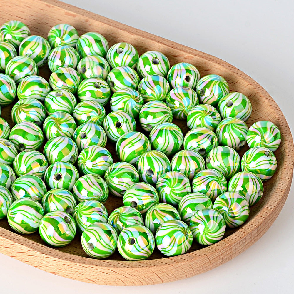100Pcs 16mm straight hole Christmas color plated striped beads printed round beads beaded loose beads DI bracelet jewelry material in stock