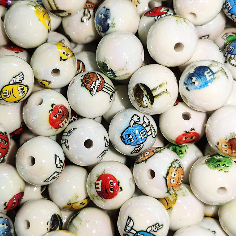 100Pcs 16mm acrylic cartoon M bean printing round beads DIY beaded loose beads mobile phone chain keychain accessories