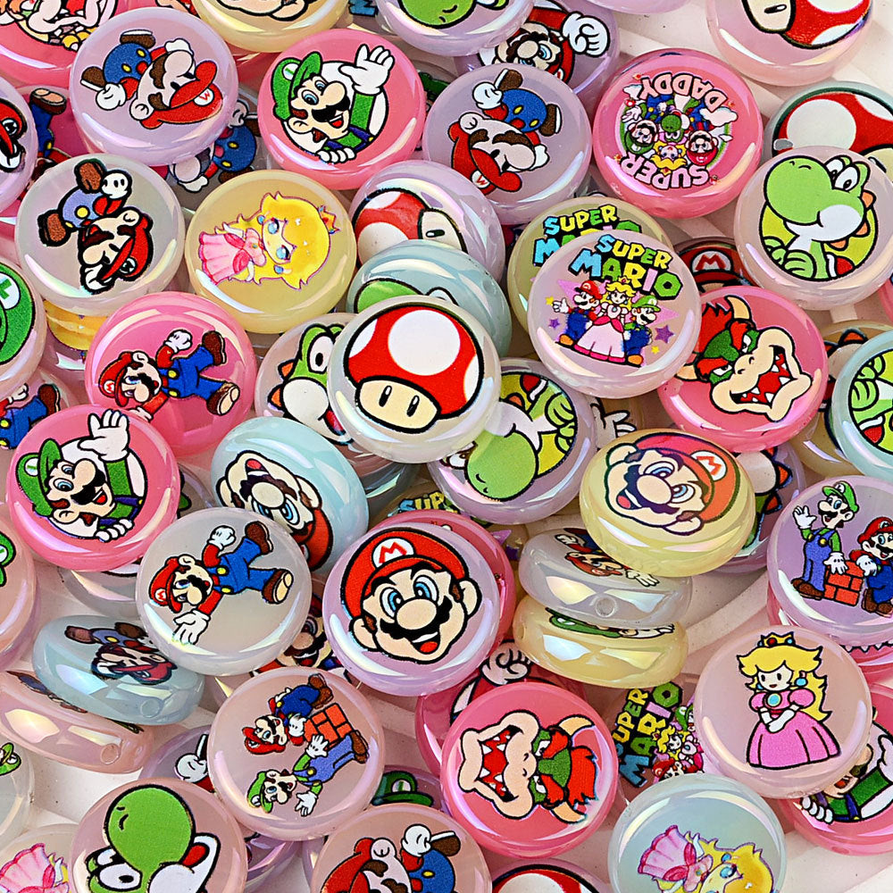 100Pcs 16mm acrylic cartoon Super Mario straight hole round beads DIY mobile phone rope keychain bead pen accessories