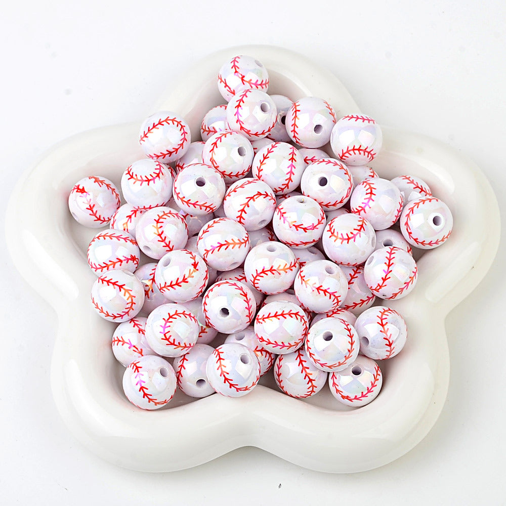 100Pcs 16mm Through Hole Solid Color Printing Baseball Acrylic Beaded DIY Mobile Phone Chain Keychain Accessories