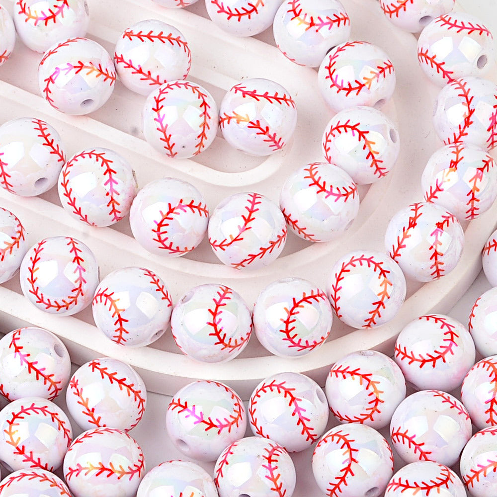 100Pcs 16mm Through Hole Solid Color Printing Baseball Acrylic Beaded DIY Mobile Phone Chain Keychain Accessories