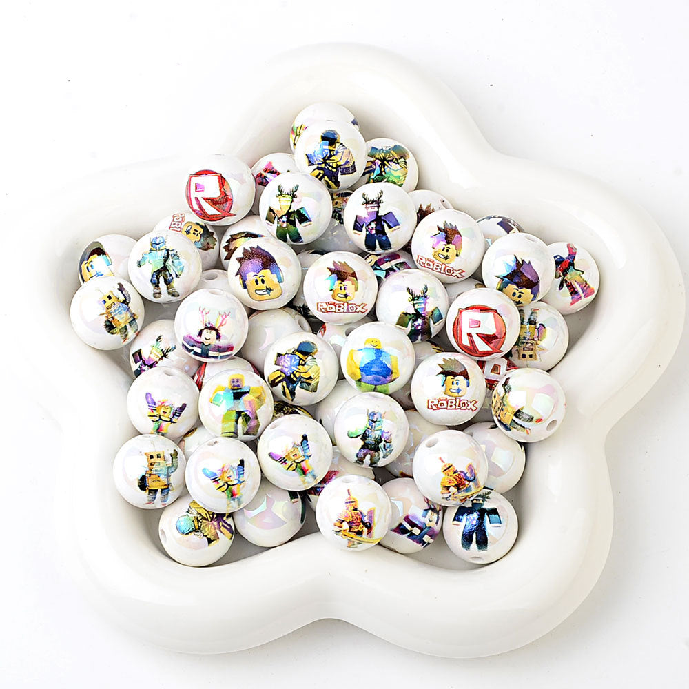 100Pcs 16mm acrylic printed cartoon gamepad straight hole round beads DIY handmade beaded jewelry accessories material