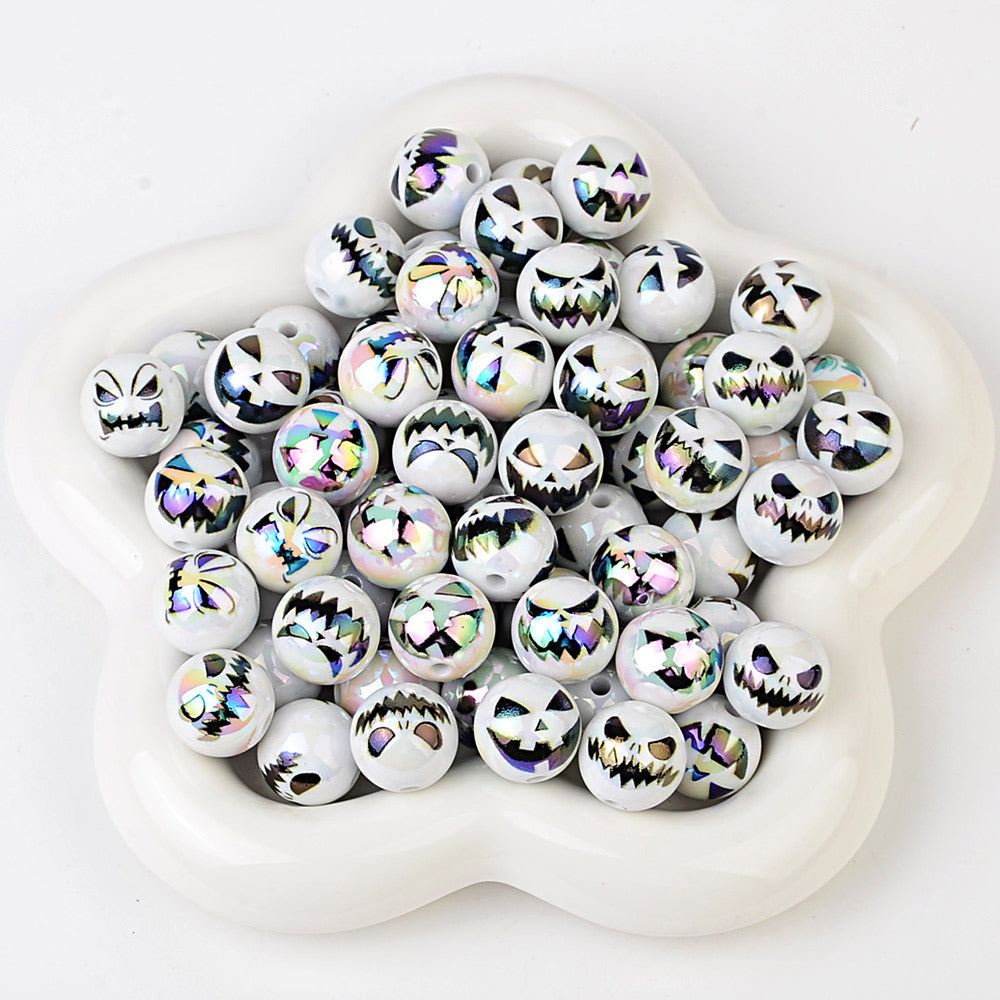 100Pcs Halloween Plated Skull Smiley Face Through Hole Round Beaded DIY Mobile Phone Chain Keychain Accessories Decorative Loose Beads