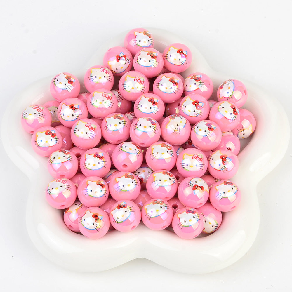 100Pcs printed Sanrio Hello Kitty hallo KT straight hole round beads DIY jewelry loose beads mobile phone chain bead pen accessories