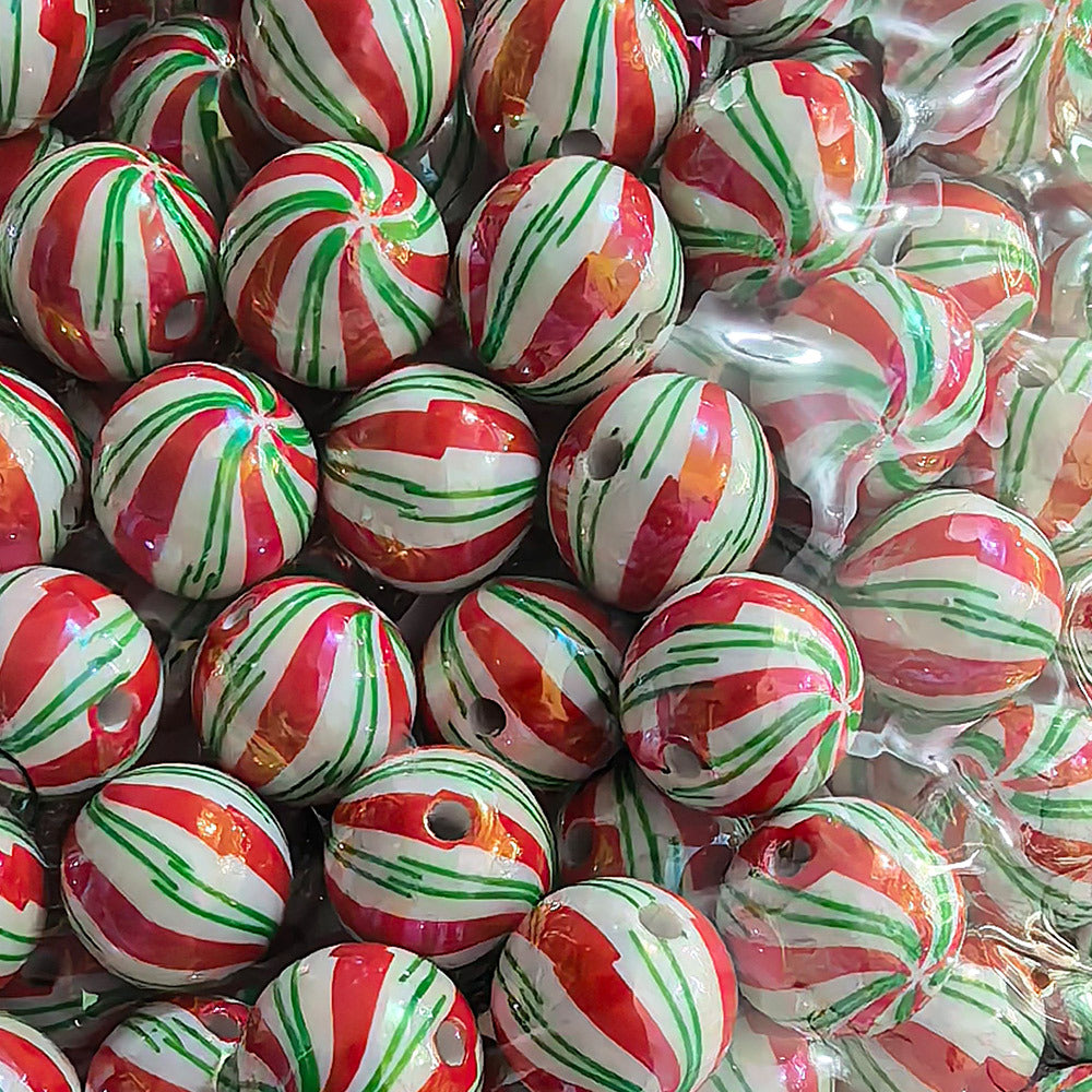100Pcs 16mm Christmas acrylic printing striped spiral through hole beads DIY bead pen mobile phone chain accessories loose beads