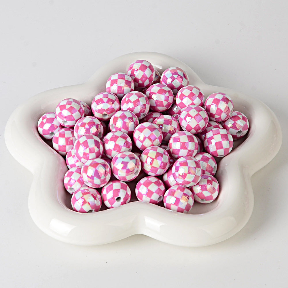 100Pcs UV plated color checkerboard square grid pattern round beads DIY handmade beaded loose bead string pen mobile phone chain jewelry accessories