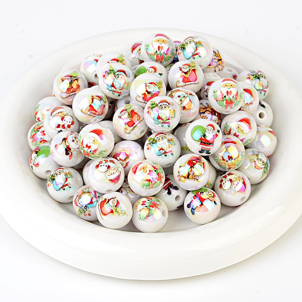 100Pcs Christmas elements printed round beads Santa Claus Christmas tree gingerbread man various acrylic beaded ornaments wholesale
