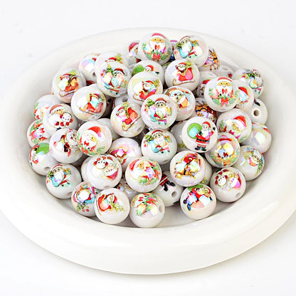 100Pcs Christmas elements printed round beads Santa Claus Christmas tree gingerbread man various acrylic beaded ornaments wholesale