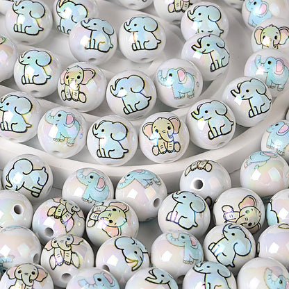 100Pcs 16mm acrylic solid color double-sided printing baby elephant straight hole round beads DIY handmade beaded jewelry accessories loose beads