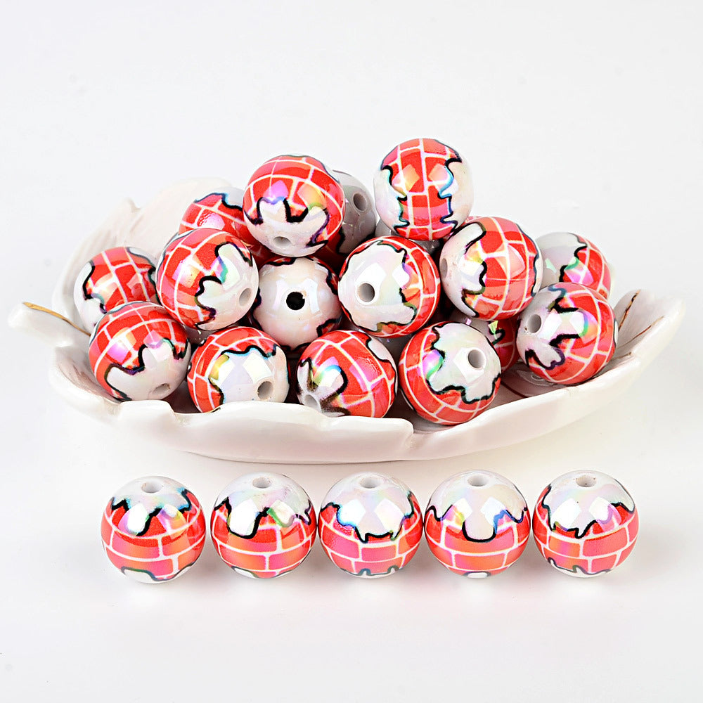 100Pcs Christmas red brick house printed round beads, through hole DIY handmade bracelet accessories loose beads Christmas beads
