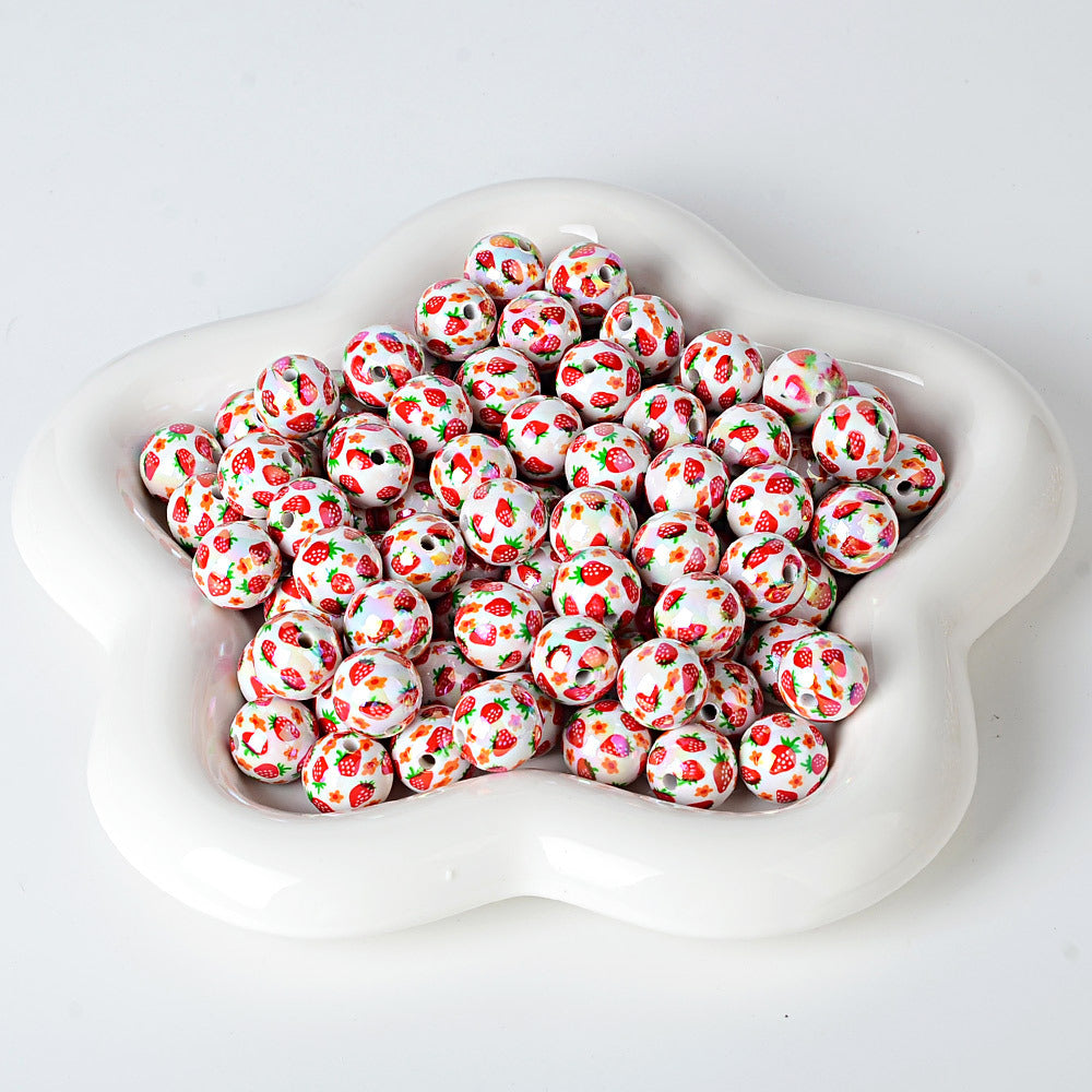 100Pcs 16mm acrylic beaded printed strawberry round beads DIY mobile phone rope keychain accessories jewelry material wholesale