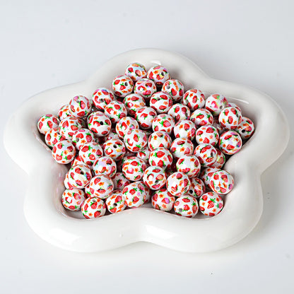100Pcs 16mm acrylic beaded printed strawberry round beads DIY mobile phone rope keychain accessories jewelry material wholesale