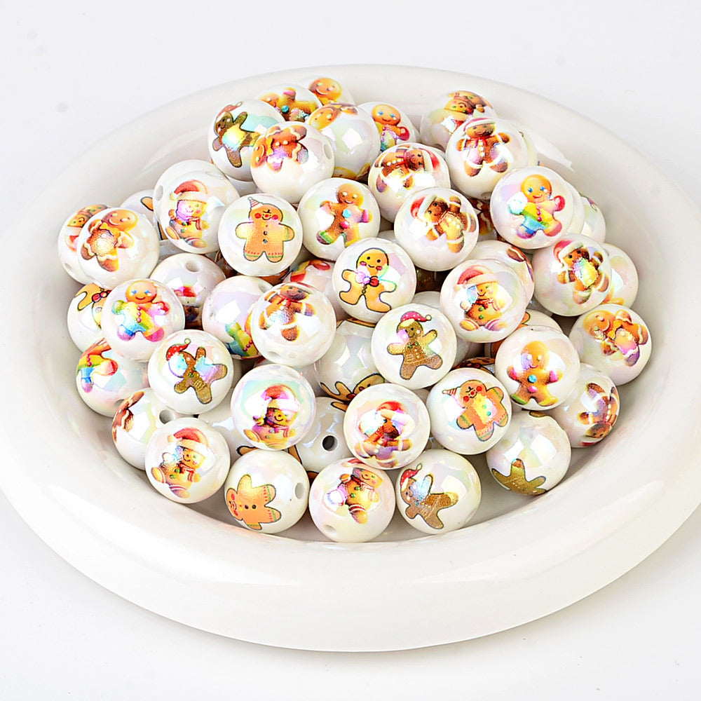 100Pcs Christmas elements printed round beads Santa Claus Christmas tree gingerbread man various acrylic beaded ornaments wholesale