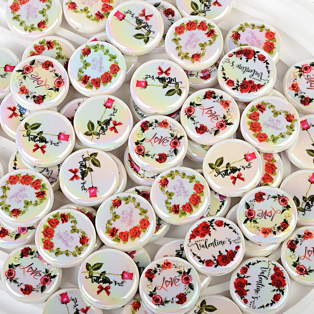 100Pcs Valentine's Day rose printing flat bead disc acrylic plated colored bead mobile phone chain string pen bead DIY accessories material