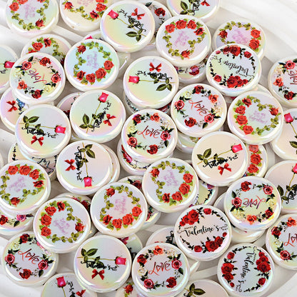 100Pcs Valentine's Day rose printing flat bead disc acrylic plated colored bead mobile phone chain string pen bead DIY accessories material