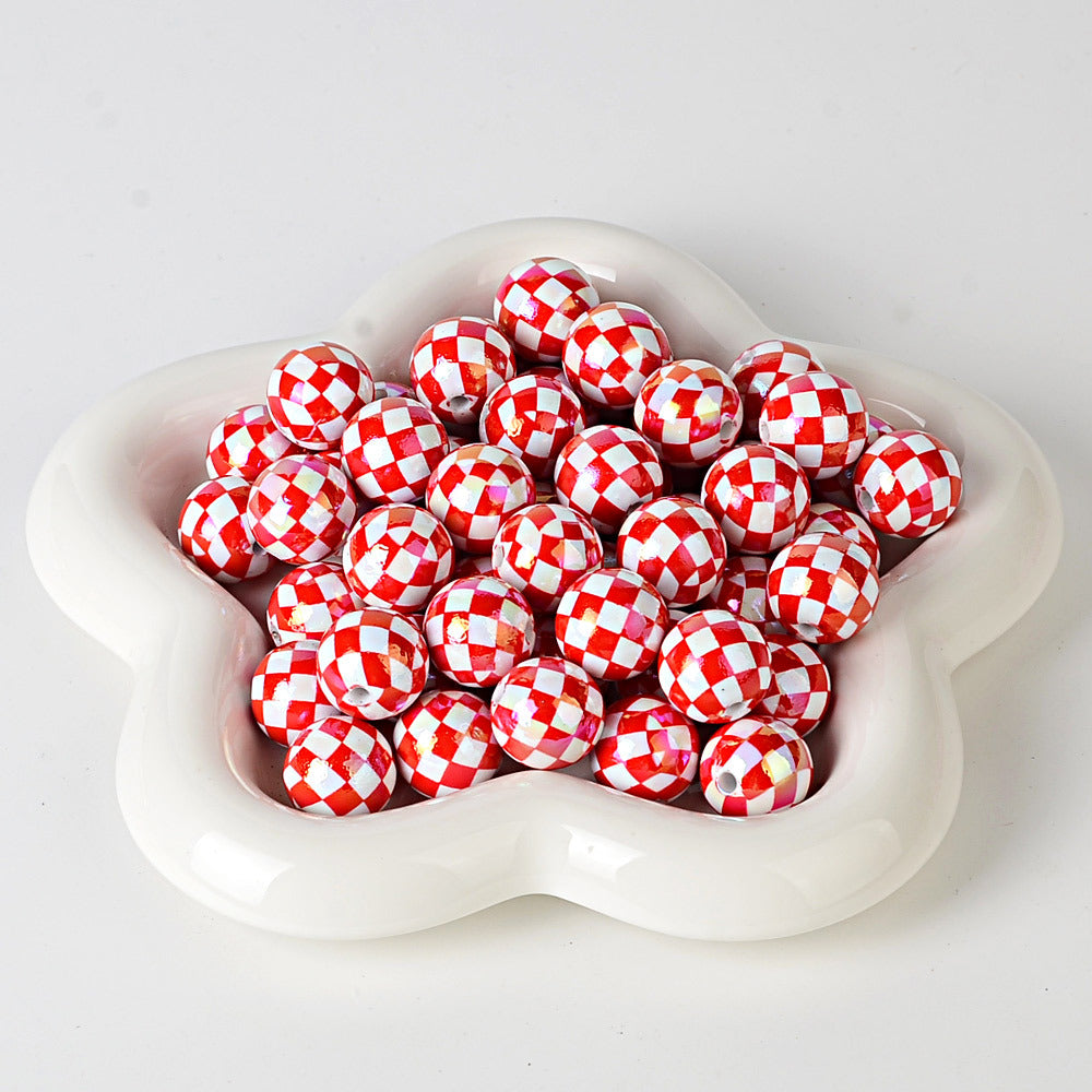 100Pcs UV plated color checkerboard square grid pattern round beads DIY handmade beaded loose bead string pen mobile phone chain jewelry accessories