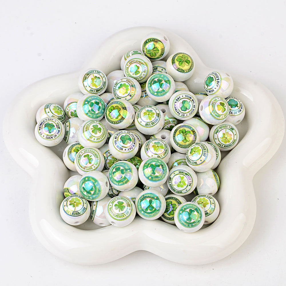100Pcs 16mm acrylic printing four-leaf clover through-hole round beads DIY Douyin live broadcast mobile phone rope keychain pen accessories