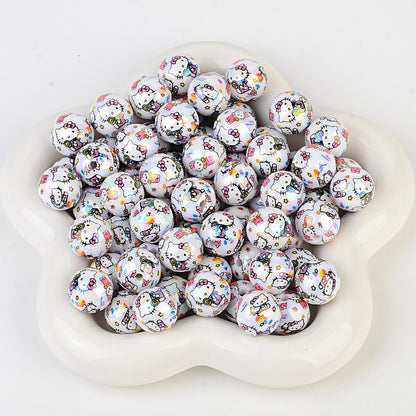 100Pcs printed Sanrio Hello Kitty hallo KT straight hole round beads DIY jewelry loose beads mobile phone chain bead pen accessories