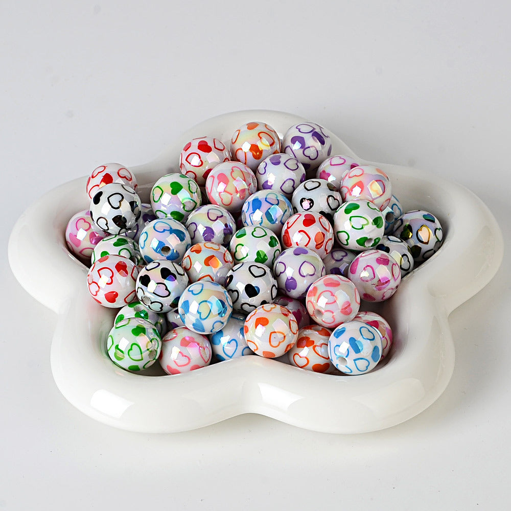 100Pcs acrylic plated color printing double love straight hole beads DIY jewelry mobile phone chain bead pen keychain bag chain accessories