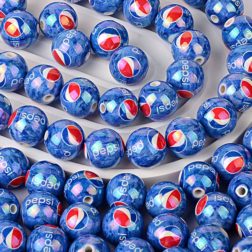 American beverage printed acrylic round bead blue bottom soda mark straight hole loose bead DIY bracelet keychain jewelry