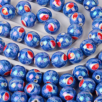 American beverage printed acrylic round bead blue bottom soda mark straight hole loose bead DIY bracelet keychain jewelry
