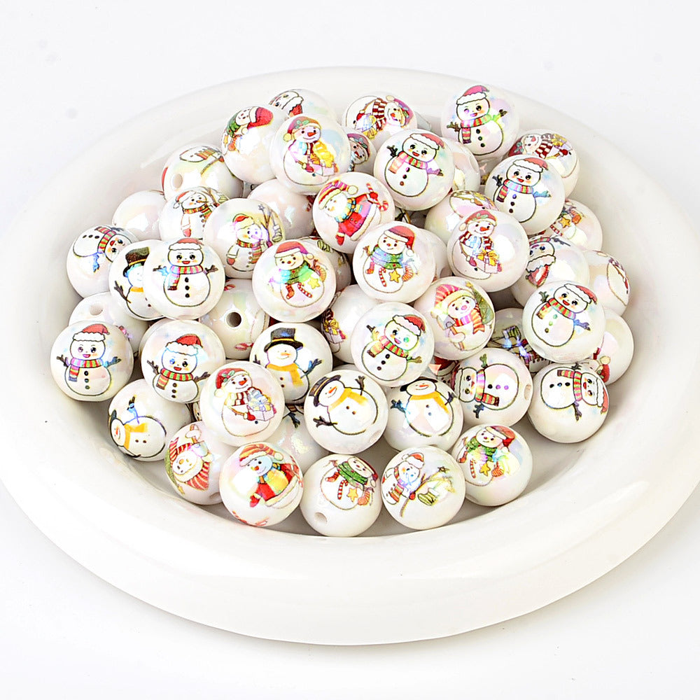 100Pcs Christmas elements printed round beads Santa Claus Christmas tree gingerbread man various acrylic beaded ornaments wholesale