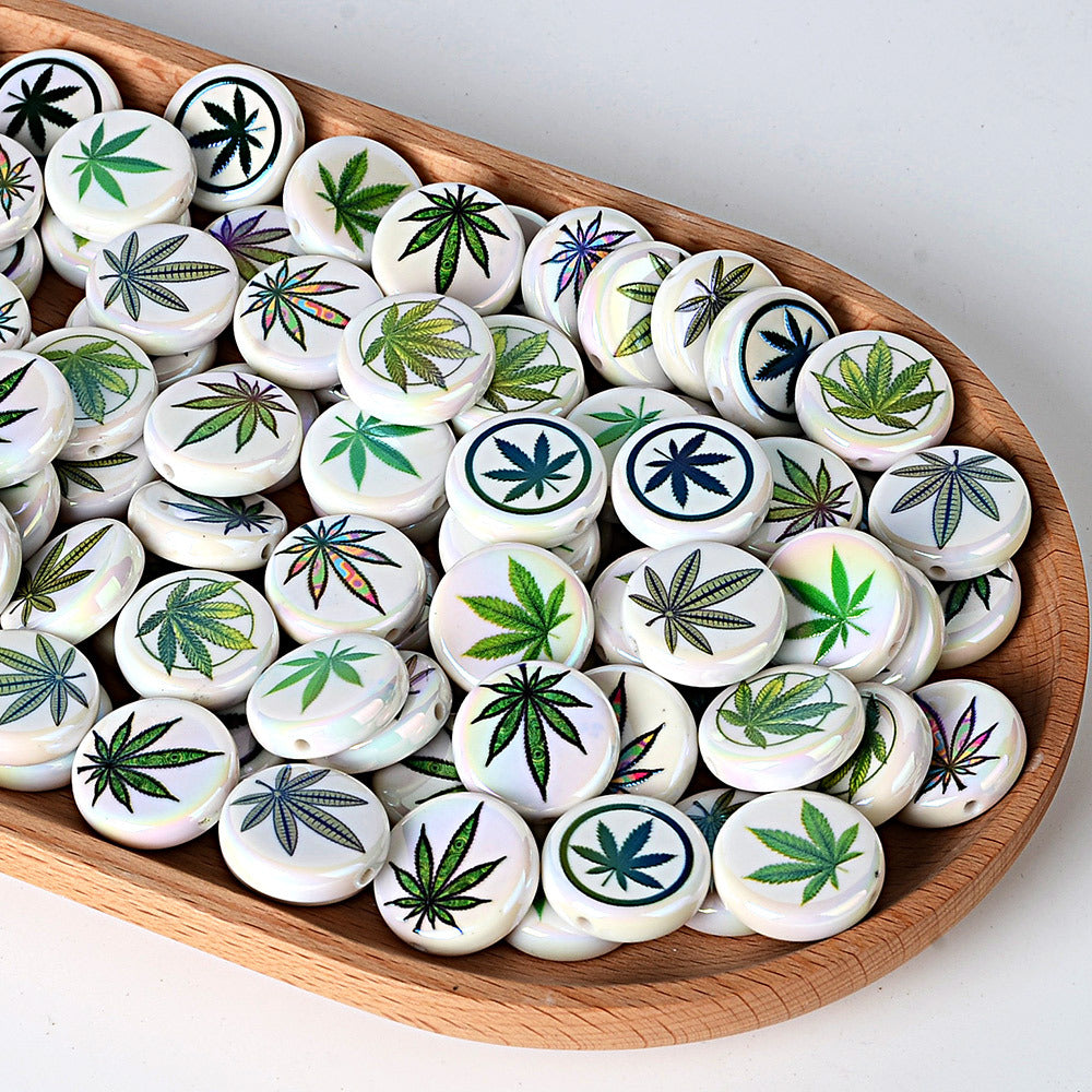 100Pcs acrylic printed hemp leaf round cake beads DIY bead pen mobile phone chain keychain car hanging accessories