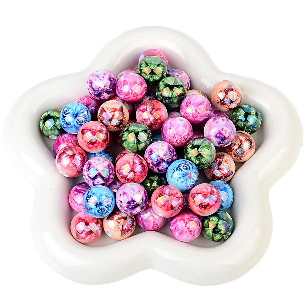 100Pcs acrylic printing round beads colored butterfly pattern loose beads handmade DIY bracelet hair accessories material wholesale