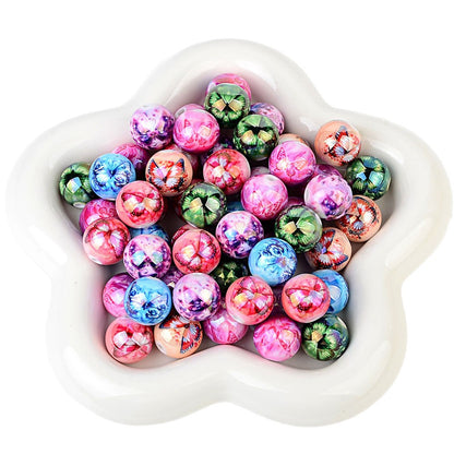 100Pcs acrylic printing round beads colored butterfly pattern loose beads handmade DIY bracelet hair accessories material wholesale
