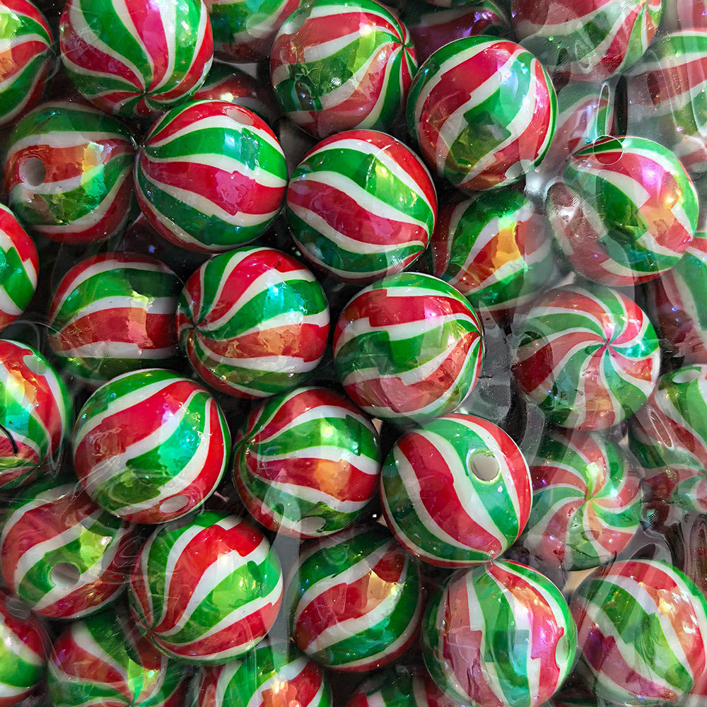 100Pcs 16mm Christmas acrylic printing striped spiral through hole beads DIY bead pen mobile phone chain accessories loose beads
