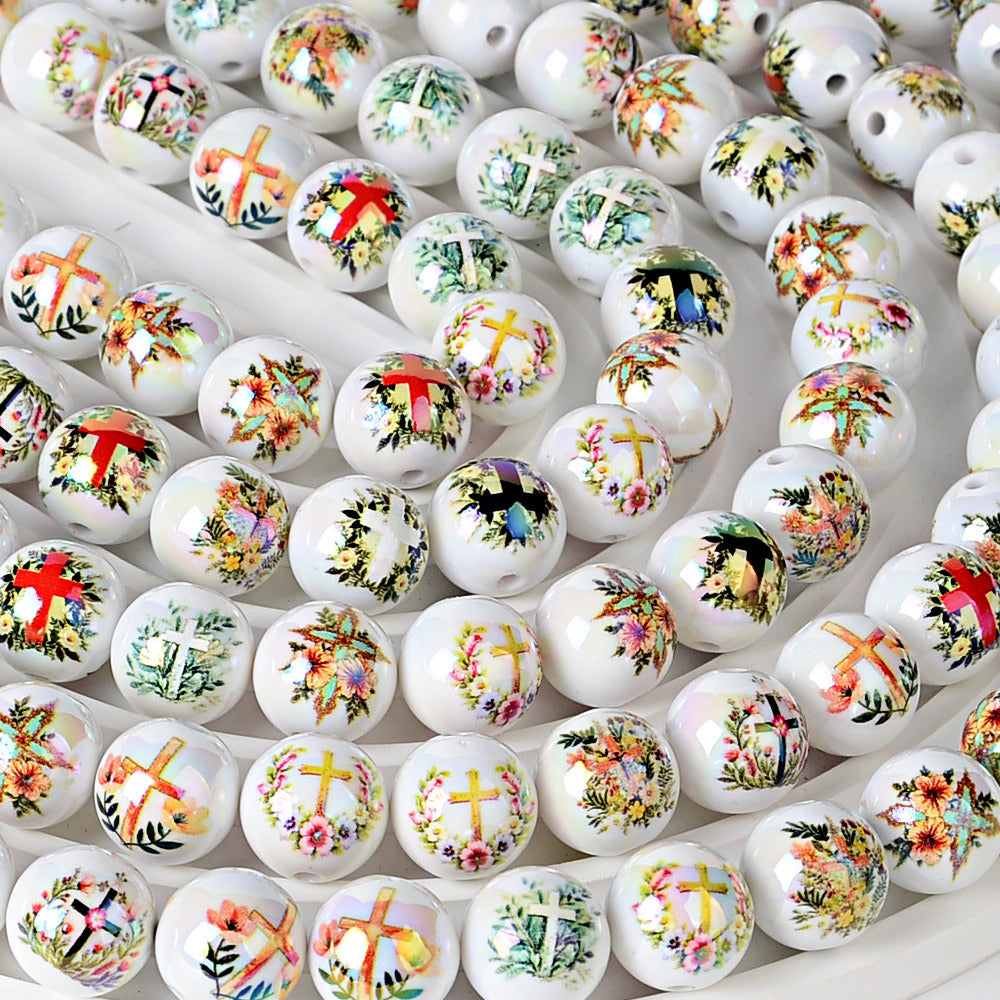 100Pcs 16mm acrylic solid color printing surrounding vine cross straight hole round bead DIY bracelet pendant jewelry accessories