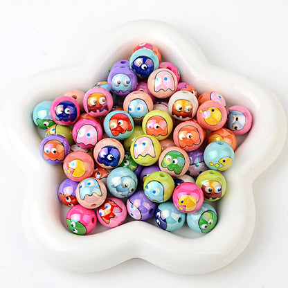 100Pcs 16mm acrylic solid color printing Pac-Man ghost straight hole round beads DIY handmade beaded jewelry accessories loose beads