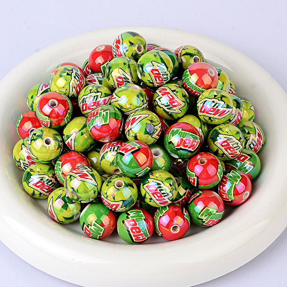 100Pcs American soda Mtn Dew printed acrylic round beads, straight hole loose beads DIY handmade jewelry accessories wholesale