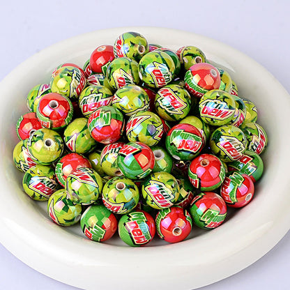 100Pcs American soda Mtn Dew printed acrylic round beads, straight hole loose beads DIY handmade jewelry accessories wholesale