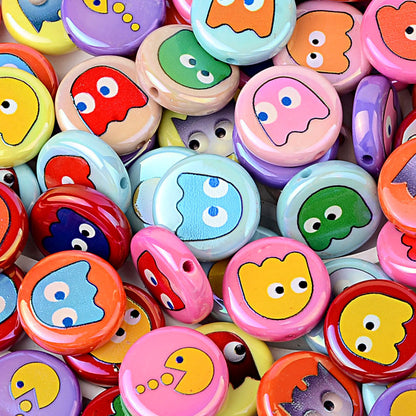 100Pcs 24mm acrylic plated color cartoon Pac-Man printed flat beads DIY mobile phone rope keychain accessories loose beads