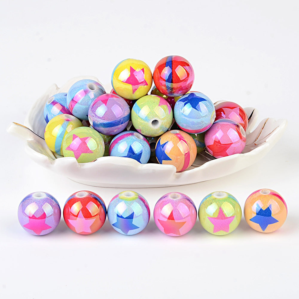 100Pcs UV plated color printing rainbow five-pointed star beaded DIY mobile phone chain beaded pen keychain various jewelry accessories