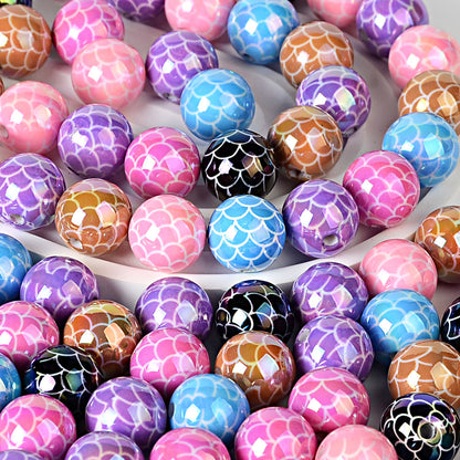 100Pcs acrylic UV plated colored fish scale pattern straight hole round bead DIY mobile phone chain keychain bead pen accessories material