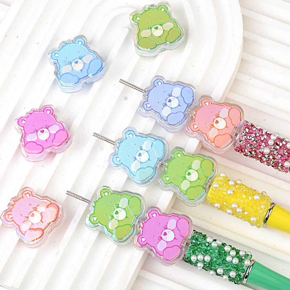 100Pcs through hole rainbow bear cartoon thick relief piece bead pen accessories DIY handmade jewelry mobile phone key chain pendant