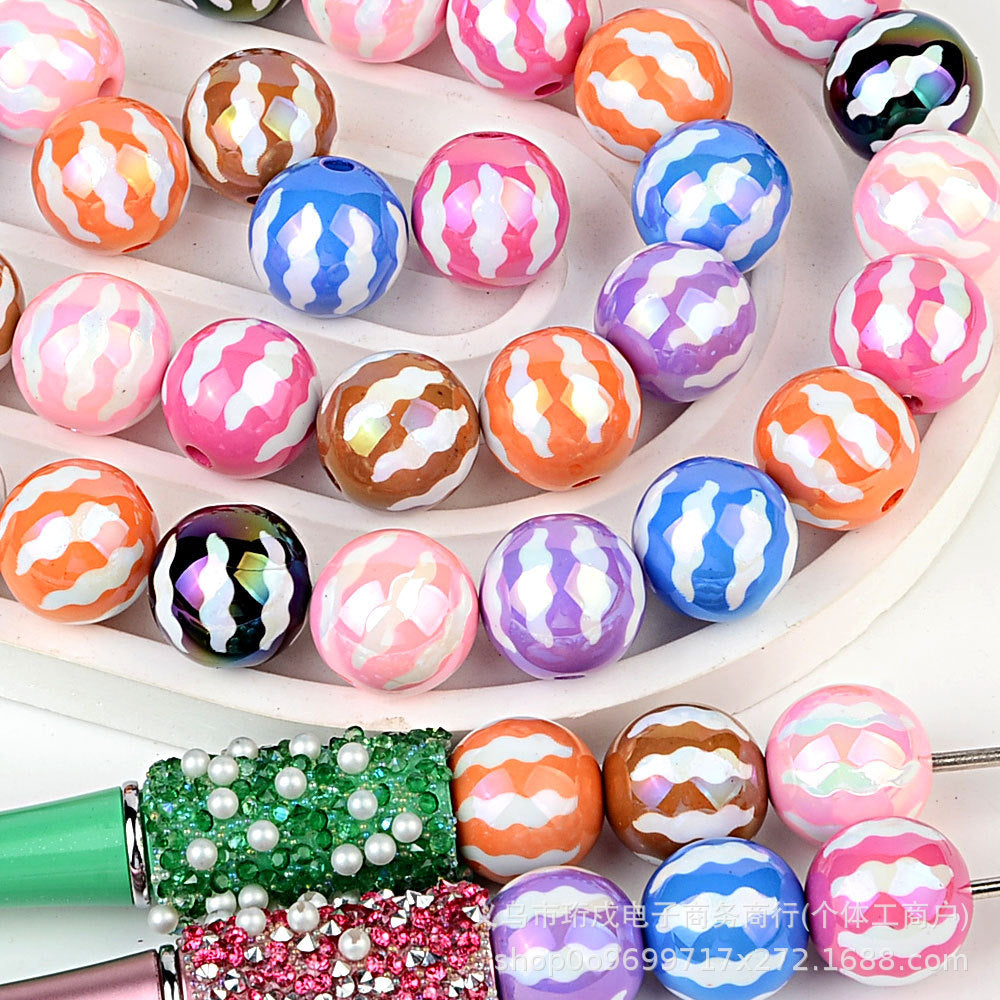 100Pcs acrylic UV plated colored watermelon striped bead printing beaded DIY bead pen mobile phone chain keychain jewelry accessories