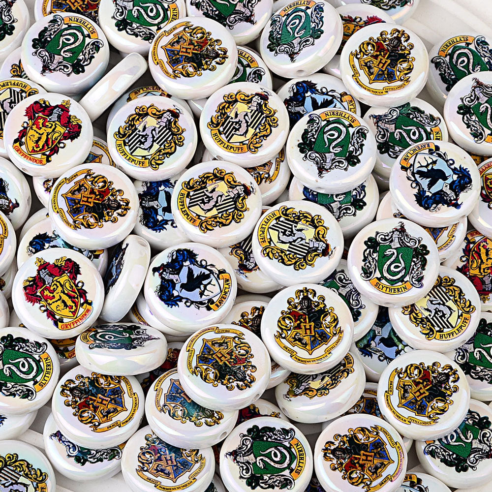 100Pcs Acrylic Plated UV Printed Harry Potter Four Colleges Badge Straight Hole Flat Bead Beaded DIY Jewelry Accessories