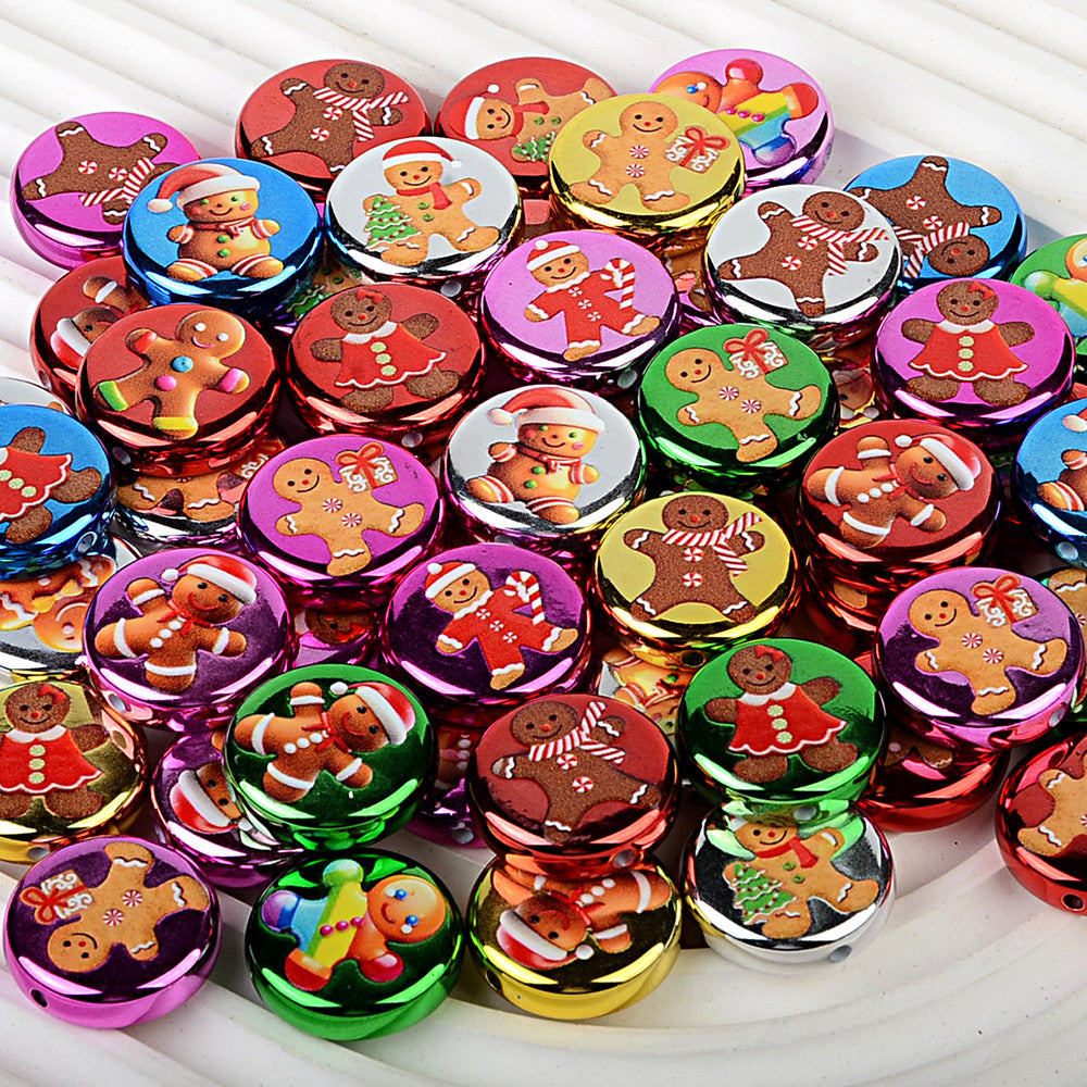 100Pcs 24mm metallic Christmas series printed through-hole flat beads DIY mobile phone bag chain jewelry accessories wholesale