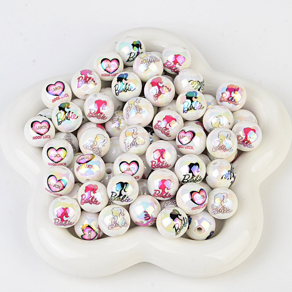 100Pcs UV plated color printing Barbie Barbie avatar straight hole round beads DIY mobile phone rope necklace jewelry loose bead accessories