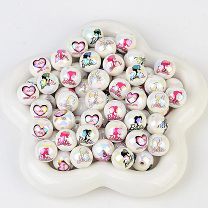 100Pcs UV plated color printing Barbie Barbie avatar straight hole round beads DIY mobile phone rope necklace jewelry loose bead accessories