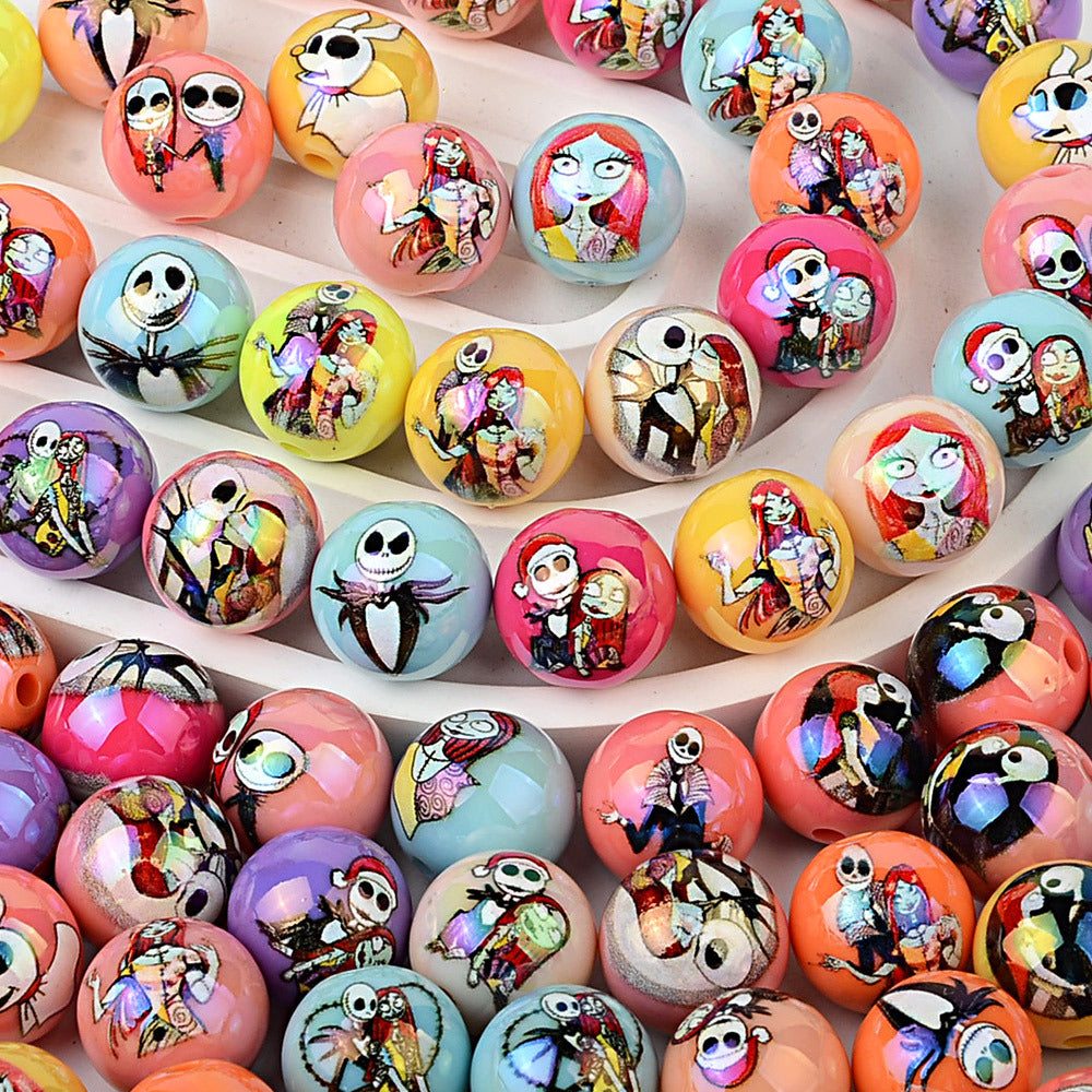 100Pcs Christmas Eve Horror Acrylic Solid Color Printing Halloween Theme Through Hole Loose Beads DIY Handmade Bead Pen Accessories
