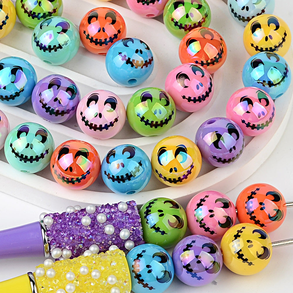 100Pcs Halloween Plated Skull Smiley Face Through Hole Round Beaded DIY Mobile Phone Chain Keychain Accessories Decorative Loose Beads