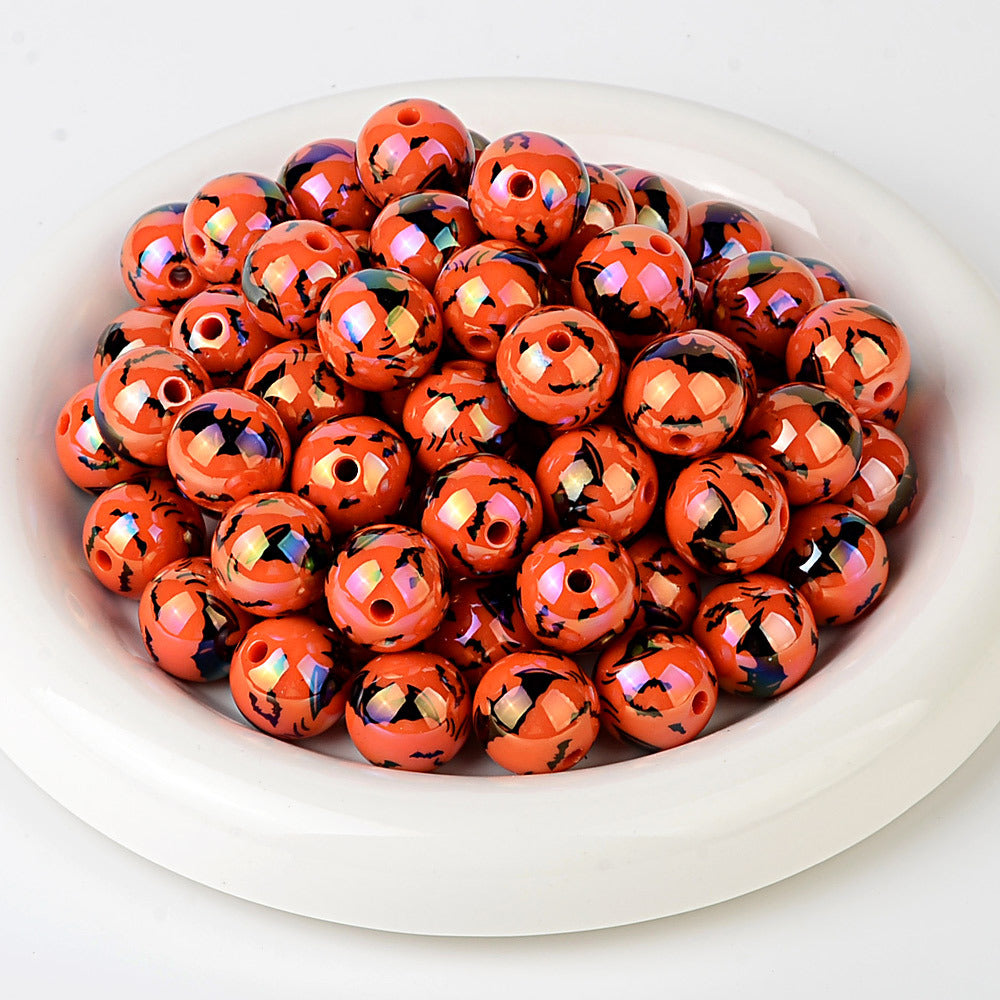 100Pcs acrylic UV plated colorful multi-color Halloween printing bat round beads DIY handmade string pen mobile phone chain accessories